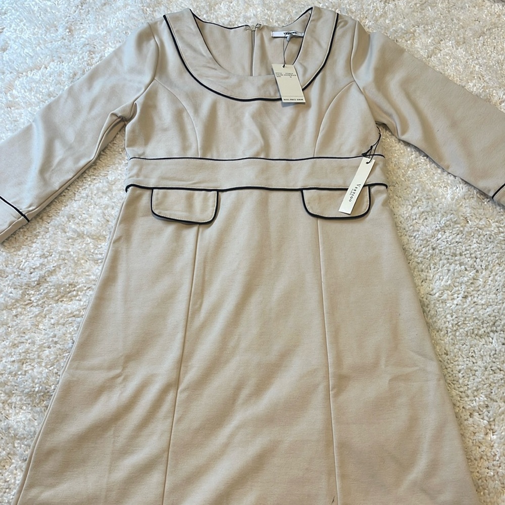 Brand new dress from Vertigo Paris. Tan A-line dress with black piping!